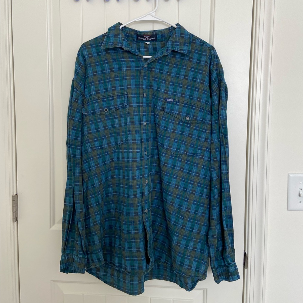 Vintage GUESS by Georges Marciano men’s‎ blue green plaid flannel shirt medium